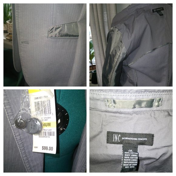 INC Grey Denim-Style Tonal Striped Blazer with Chest Embroidery Sz M NWT - Picture 10 of 16